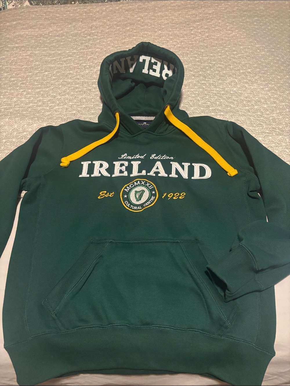 Ireland Embroidered Dark Green Hoodie with Yellow Drawcords - Classic Pullover